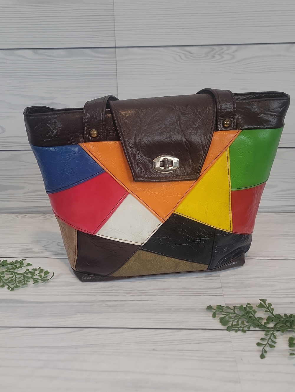 Vintage 80s Patchwork Tote Bag - Multicolor W/Brown Trim